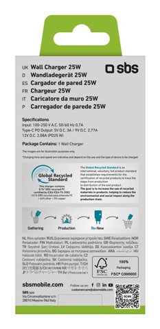 SBS TETR1CPD25LBGRS Caricabatterie per dispositivi mobili Universale Ciano AC Ricarica rapida Interno