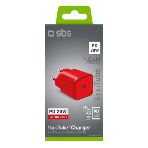 SBS TETRGAN1C20R Caricabatterie per dispositivi mobili Cuffie, Altoparlante portatile, Smartphone, Orologio intelligente, Tablet Rosso AC Ricarica rapida Interno