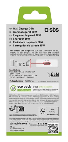 SBS TETRGAN1C30SLIM Caricabatterie per dispositivi mobili Universale Bianco AC Ricarica rapida Interno