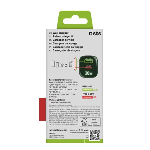SBS TETRGANLCD1USB1C30G Caricabatterie per dispositivi mobili Universale Verde AC Ricarica rapida Interno