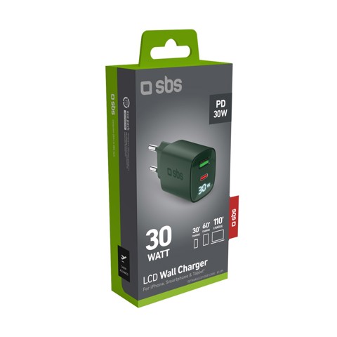 SBS TETRGANLCD1USB1C30G Caricabatterie per dispositivi mobili Universale Verde AC Ricarica rapida Interno