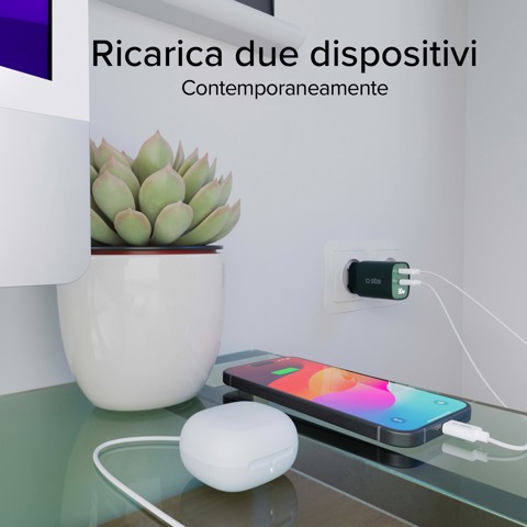 SBS TETRGANLCD1USB1C30G Caricabatterie per dispositivi mobili Universale Verde AC Ricarica rapida Interno