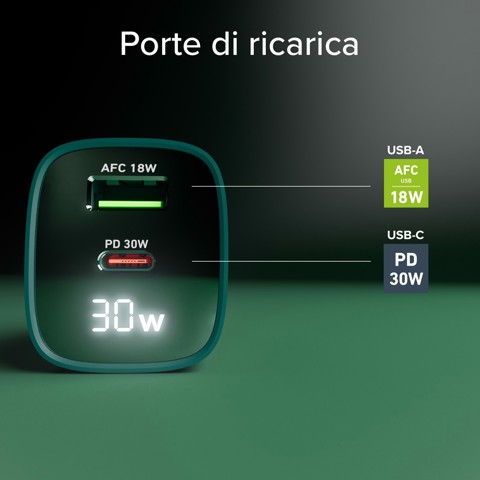 SBS TETRGANLCD1USB1C30G Caricabatterie per dispositivi mobili Universale Verde AC Ricarica rapida Interno