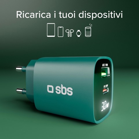 SBS TETRGANLCD1USB1C30G Caricabatterie per dispositivi mobili Universale Verde AC Ricarica rapida Interno