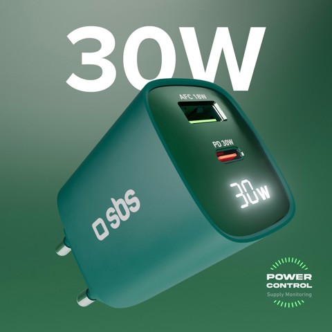 SBS TETRGANLCD1USB1C30G Caricabatterie per dispositivi mobili Universale Verde AC Ricarica rapida Interno