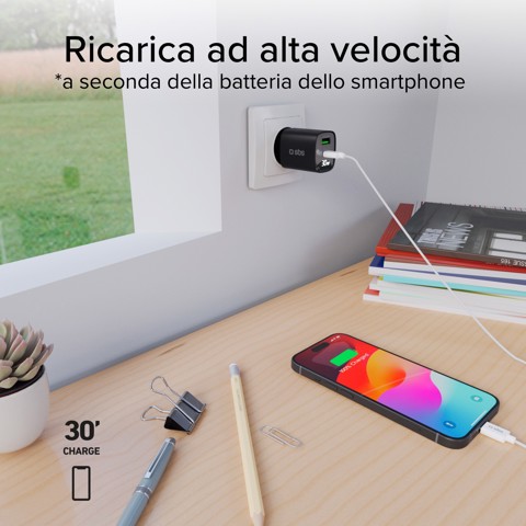 SBS TETRGANLCD1USB1C30K Caricabatterie per dispositivi mobili Universale Nero AC Ricarica rapida Interno