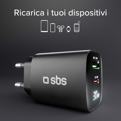 SBS TETRGANLCD1USB1C30K Caricabatterie per dispositivi mobili Universale Nero AC Ricarica rapida Interno