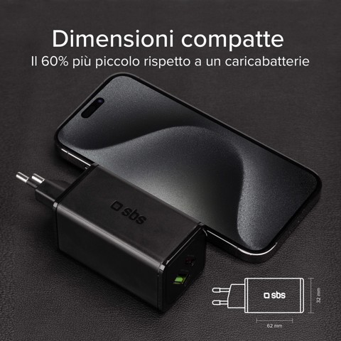 SBS TETRGANUSBCPD65W Caricabatterie per dispositivi mobili Lettore e-book, Fitness tracker, GPS, Auricolare, Telefono cellulare, Altoparlante portatile, Power bank, Smartphone, Orologio intelligente, Tablet Nero AC Ricarica rapida Interno