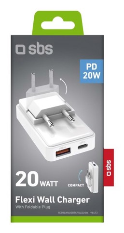 SBS TETRGANUSBTCFOLD20W Caricabatterie per dispositivi mobili Universale Bianco AC Ricarica rapida Interno, Esterno