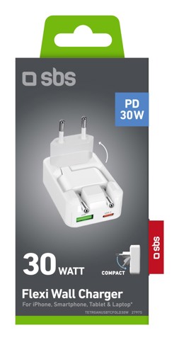 SBS TETRGANUSBTCFOLD30W Caricabatterie per dispositivi mobili Cuffie, Auricolare, Computer portatile, Smartphone, Tablet Bianco AC Ricarica rapida Interno