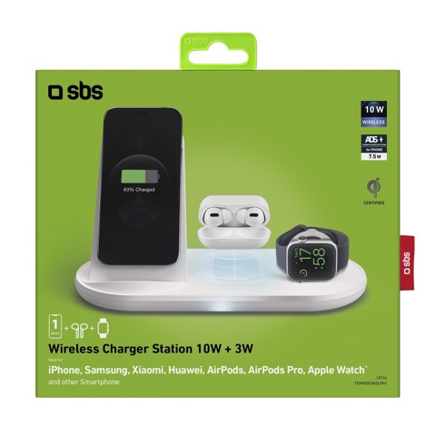 SBS TEWIRDESKQI3IN1 Caricabatterie per dispositivi mobili Cuffie, Smartphone, Orologio intelligente Bianco USB Carica wireless Ricarica rapida Interno