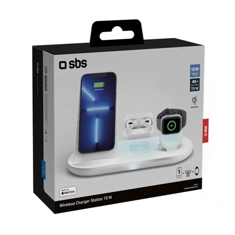 SBS TEWIRDESKQIMFI3IN1 Caricabatterie per dispositivi mobili Cuffie, Smartphone, Orologio intelligente Bianco dC Carica wireless Ricarica rapida Interno