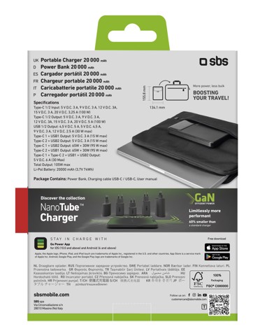 SBS TTBB20000PD100W batteria portatile 20000 mAh Nero