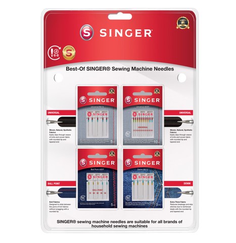 SINGER 250088002  blister, set 25 pz aghi universali, 10 aghi jeans, 10 aghi tess unvers per macchina da cucire