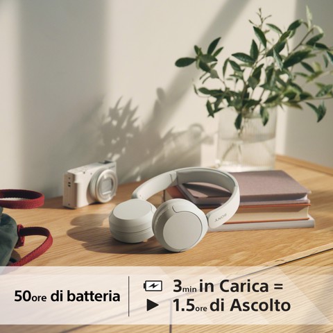 Sony Cuffie Bluetooth wireless WH-CH520 - Durata della batteria fino a 50 ore con ricarica rapida, stile on-ear - Bianco