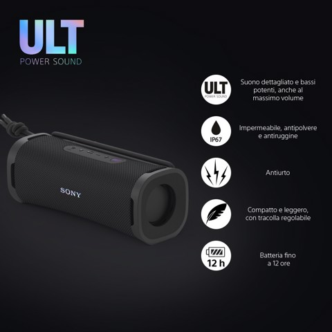 Sony ULT FIELD 1 Speaker portatile wireless Bluetooth con ULT POWER SOUND, bassi potenti, IP67, impermeabile, antipolvere, antiurto, batteria da 12 ore, qualità chiamata chiara, anche da esterno, viaggio