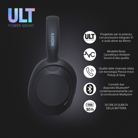 Sony ULT WEAR - Cuffie Bluetooth Wireless con ULT POWER SOUND, bassi profondi, Noise Cancelling, ottima qualità delle chiamate, durata della batteria fino a 30 ore, IOS e Android