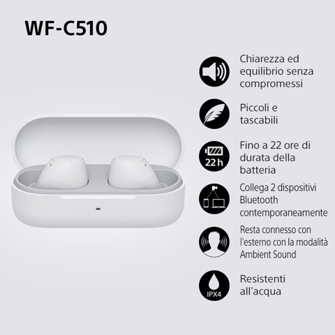 Sony WF-C510 | Cuffie True Wireless - Suono di alta qualità, Equalizzatore personalizzabile, Design Confortevole, Batteria da 22 ore, Ricarica Rapida, Connessione Multipoint Bluetooth, Ambient Sound Mode, Spotify Tap, Classificazione IPX4 - Bianco