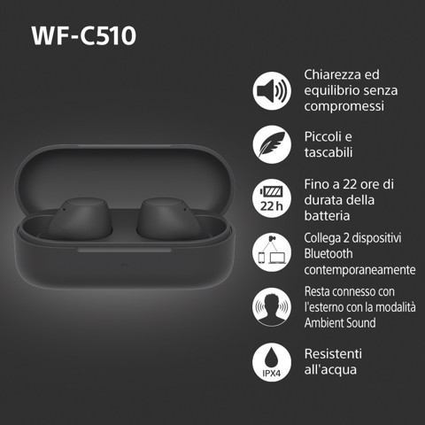 Sony WF-C510 | Cuffie True Wireless - Suono di alta qualità, Equalizzatore personalizzabile, Design Confortevole, Batteria da 22 ore, Ricarica Rapida, Connessione Multipoint Bluetooth, Ambient Sound Mode, Spotify Tap, Classificazione IPX4 - Nero
