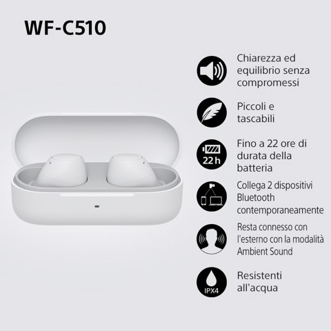 Sony WF-C510 | Cuffie True Wireless - Suono di alta qualità, Equalizzatore personalizzabile, Design Confortevole, Batteria da 22 ore, Ricarica Rapida, Connessione Multipoint Bluetooth, Ambient Sound Mode, Spotify Tap, Classificazione IPX4 - Bianco