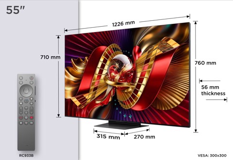 TCL C8L TV 55C8L SQD Mini LED da 55", 4K HDR, 3000 nit, 1.008 zone di dimming, Google TV, 144Hz, Dolby Vision & Atmos, Audio Bang & Olufsen