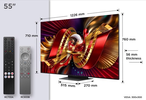 TCL C8L TV 55C8L SQD Mini LED da 55", 4K HDR, 3000 nit, 1.008 zone di dimming, Google TV, 144Hz, Dolby Vision & Atmos, Audio Bang & Olufsen