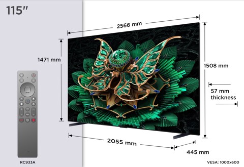 TCL Serie Smart TV QD-MiniLED 4K 115" 115C7K, 144Hz, audio Onkyo 4.2.2, Dolby Vision IQ & Atmos, Google TV