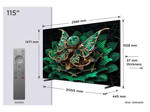 TCL Serie Smart TV QD-MiniLED 4K 115" 115C7K, 144Hz, audio Onkyo 4.2.2, Dolby Vision IQ & Atmos, Google TV