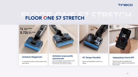 Tineco Floor ONE S7 Stretch Lavapavimenti, Design reclinabile a 180°, aspirazione 21000 Pa, zero grovigli, 50 minuti di autonomia, auto-pulizia FlashDry a 85°C