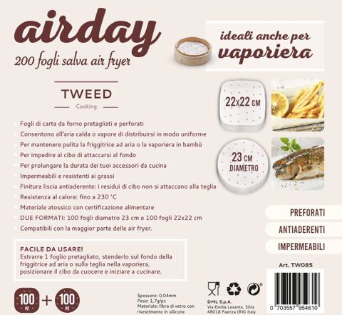 TWEED 200 Fogli pretagliati e perforati per friggitrice ad aria, forno, vaporiera TW085