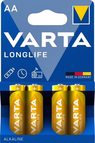 Varta Longlife, Batteria Alcalina, AA, Mignon LR6, 1.5V, Blister da 4, Made in Germany