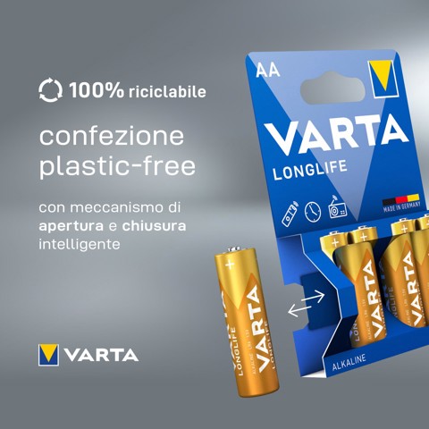 Varta Longlife, Batteria Alcalina, AA, Mignon LR6, 1.5V, Blister da 4, Made in Germany