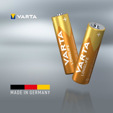 Varta Longlife, Batteria Alcalina, AA, Mignon LR6, 1.5V, Blister da 4, Made in Germany