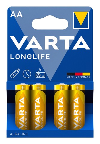 Varta Longlife, Batteria Alcalina, AA, Mignon LR6, 1.5V, Blister da 4, Made in Germany