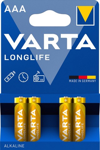 Varta Longlife, Batteria Alcalina, AAA, Micro, LR03, 1.5V, Blister da 4, Made in Germany