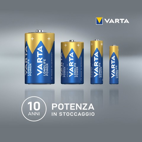 Varta Longlife Power, Batteria Alcalina, AA, Mignon, LR6, 1.5V, Blister da 4, Made in Germany
