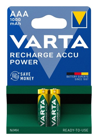 Varta Recharge Accu Power AAA 1000 mAh Blister da 2 (Batteria NiMH Accu Precaricata, Micro, ricaricabile, pronta all'uso)
