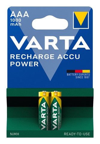 Varta Recharge Accu Power AAA 1000 mAh Blister da 2 (Batteria NiMH Accu Precaricata, Micro, ricaricabile, pronta all'uso)