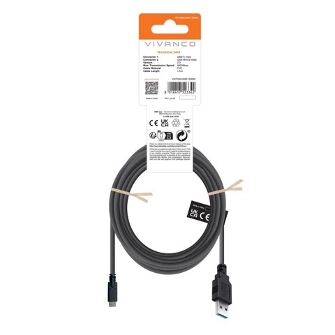 Vivanco VNITXMIUSBA15MMK cavo USB USB 2.0 1,5 m USB A Mini-USB B Nero
