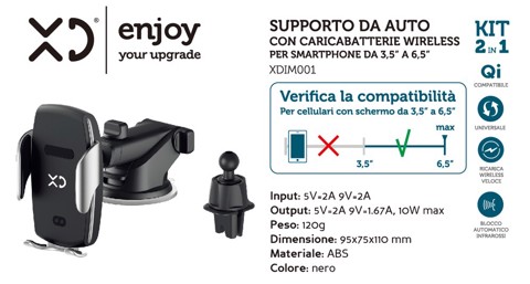 XD Enjoy Kit 2 in 1 - supporto da auto con caricabatterie wireless