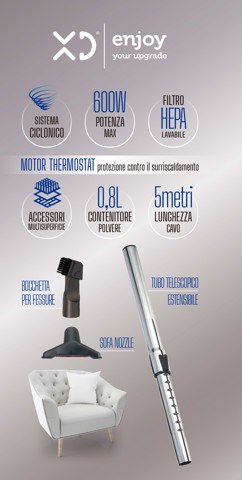 XD Enjoy Scopa Elettrica Ciclonica A Filo 600W - Convertibile In Aspirabriciole