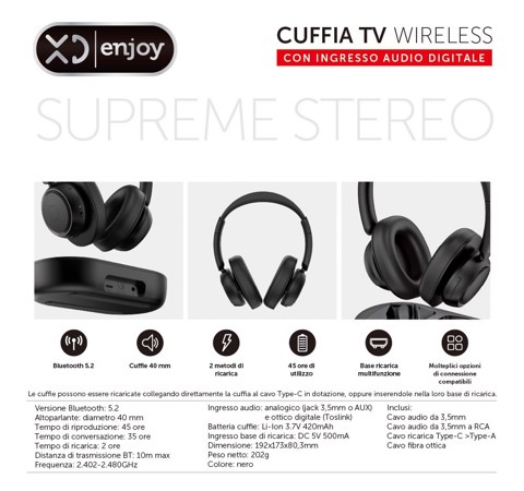 XD Enjoy XDGTK2 cuffia e auricolare Wireless Portatile TV Bluetooth Base di ricarica Nero