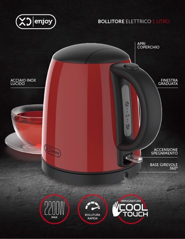 XD Enjoy XDHR100RD bollitore elettrico 1 L 2200 W Nero, Rosso