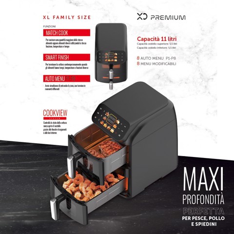 XD Premium XDBOW1100WD friggitrice Doppia 11 L Indipendente 2500 W Friggitrice ad aria calda Nero, Argento
