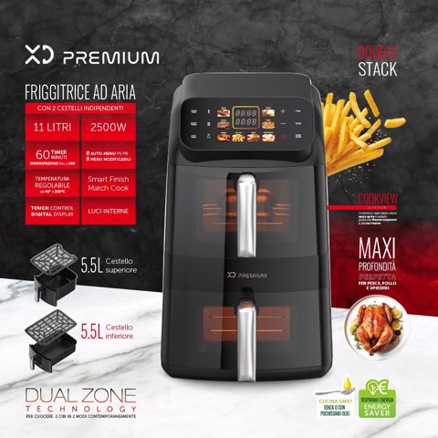 XD Premium XDBOW1100WD friggitrice Doppia 11 L Indipendente 2500 W Friggitrice ad aria calda Nero, Argento