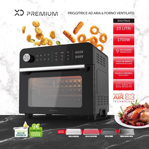 XD Premium XDBOW9044BLK friggitrice Singolo 23 L Indipendente 1700 W Friggitrice ad aria calda Nero, Cromo