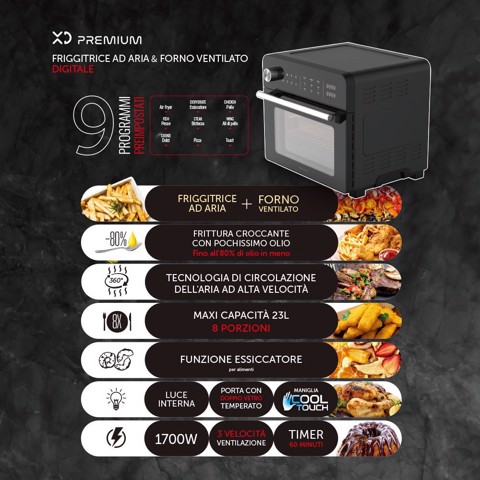 XD Premium XDBOW9044BLK friggitrice Singolo 23 L Indipendente 1700 W Friggitrice ad aria calda Nero, Cromo
