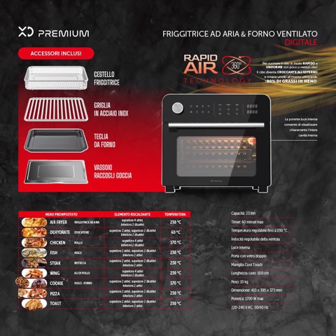 XD Premium XDBOW9044BLK friggitrice Singolo 23 L Indipendente 1700 W Friggitrice ad aria calda Nero, Cromo