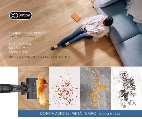 XD Premium Lavapavimenti e scopa elettrica ricaricabile (2 in 1) Secco e bagnato doppio serbatoio fino a 57 minuti di autonomia. XDSWE11M
