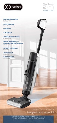 XD Premium Lavapavimenti e scopa elettrica ricaricabile (2 in 1) Secco e bagnato doppio serbatoio fino a 57 minuti di autonomia. XDSWE11M